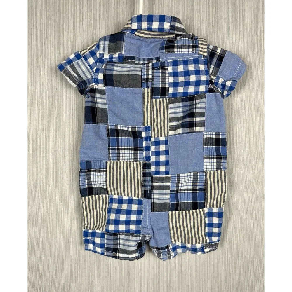 babyGap Romper 3-6M Blue‎ Patchwork Plaid Collar Romper One Piece Preppy Classic